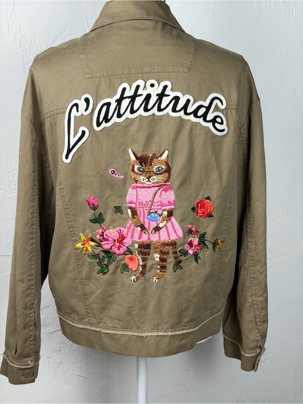 Street style Stylish Cat Lover  Jacket - Khaki with Pink Accents -medium